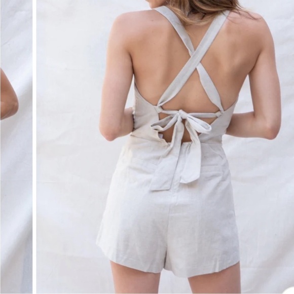 LOST + WANDER linen blend tie back natural state romper size S beige - Picture 1 of 8